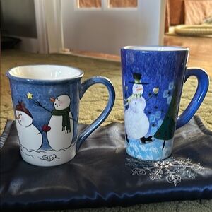 Snowman Themed Blue Ceramic Mugs